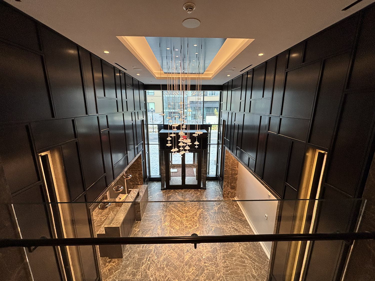 Hospitality space with freshly painted accent walls and refinished trim