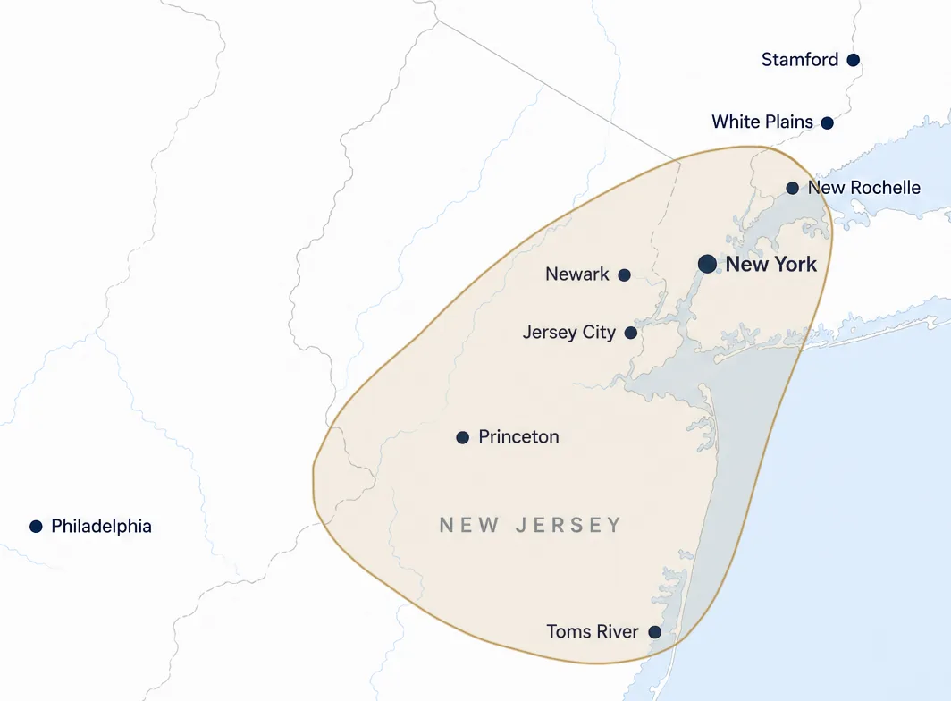 Friel's Fine Finishes service area map covering central and northern New Jersey, including Newark, Jersey City, Princeton, and Toms River