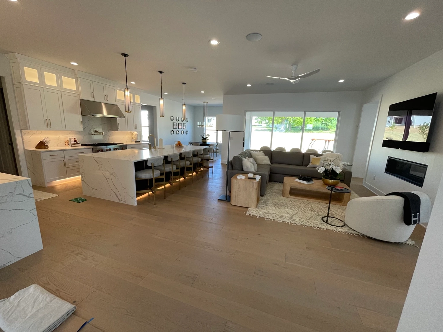 Modern living space with painted shiplap accent wall and matte wall finish